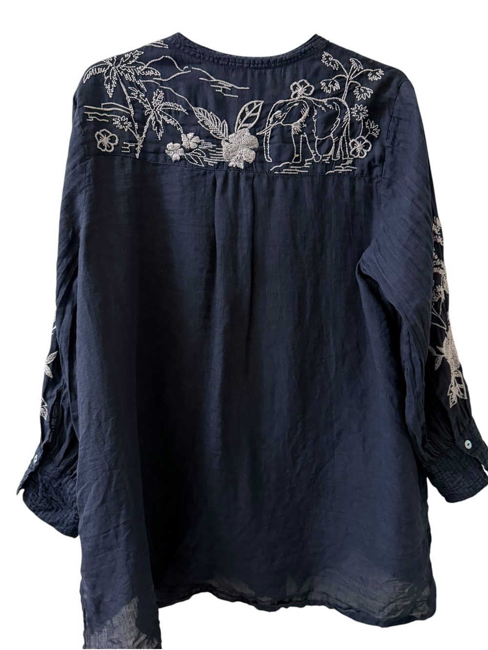 Johnny Was Osiris Voyager Navy Button-Down Shirt White Floral Embroidery - Picture 4 of 6
